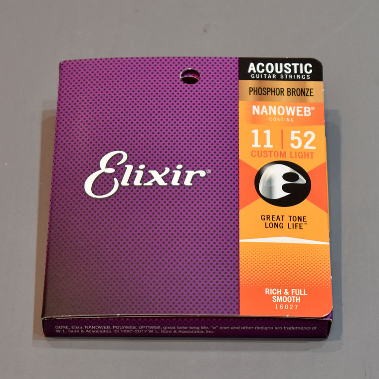 Elixir 11-52 Phosphor Bronze Nanoweb Coated Custom Light Acoustic Guitar Strings