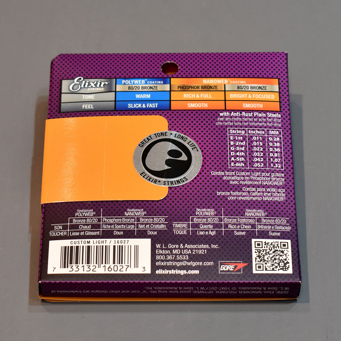 Elixir 11-52 Phosphor Bronze Nanoweb Coated Custom Light Acoustic Guitar Strings
