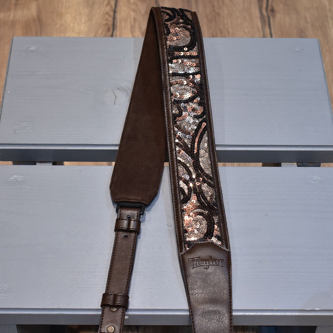 Taylor Guitar Strap Vegan Leather Style Chocolate Brown Sequins 2.25”